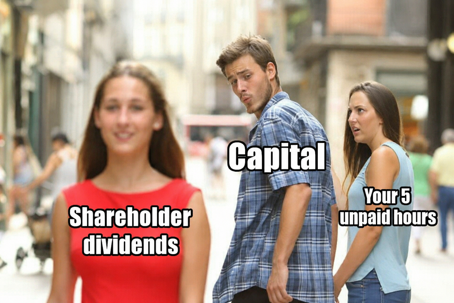 Distracted boyfriend meme: Capital looks at Shareholder dividends while ignoring Your 5 unpaid hours