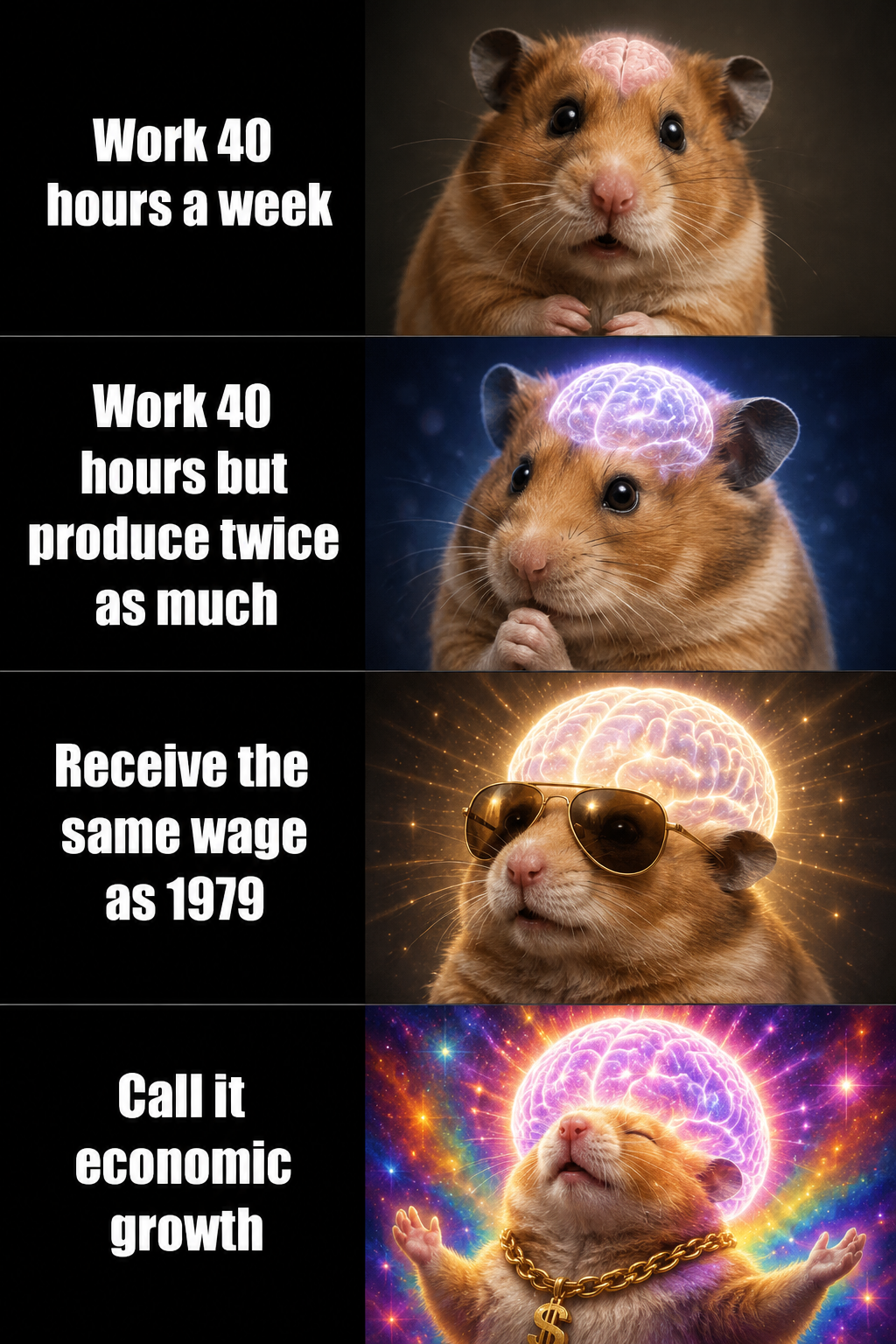 Expanding brain meme with hamster: Work 40h, produce twice as much, receive same wage as 1979, call it economic growth