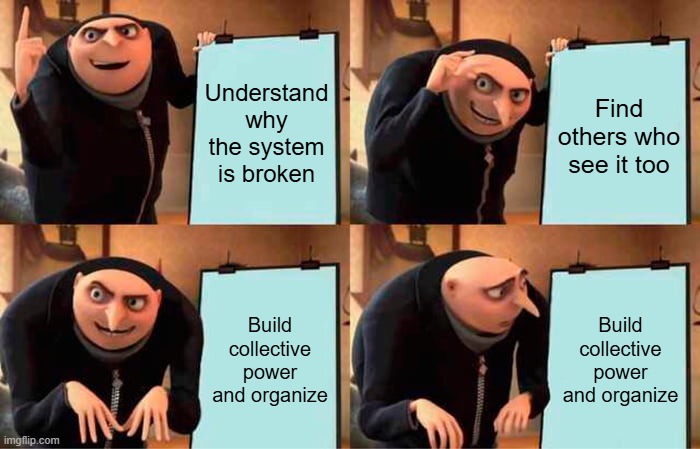 Gru's plan meme: Understand why the system is broken, find others who see it too, build collective power and organize — then Gru looks confused at step 3